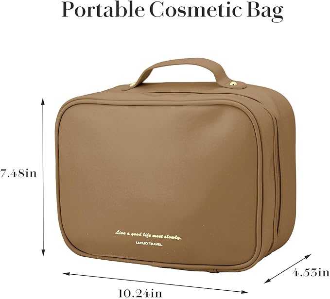 Travel Makeup Bag Large Capacity Cosmetic Organizer Waterproof Leather Toiletry Bag with Brush Holder and Handle Portable Cosmetic Storage Bag for Women Girls Gift - Brown