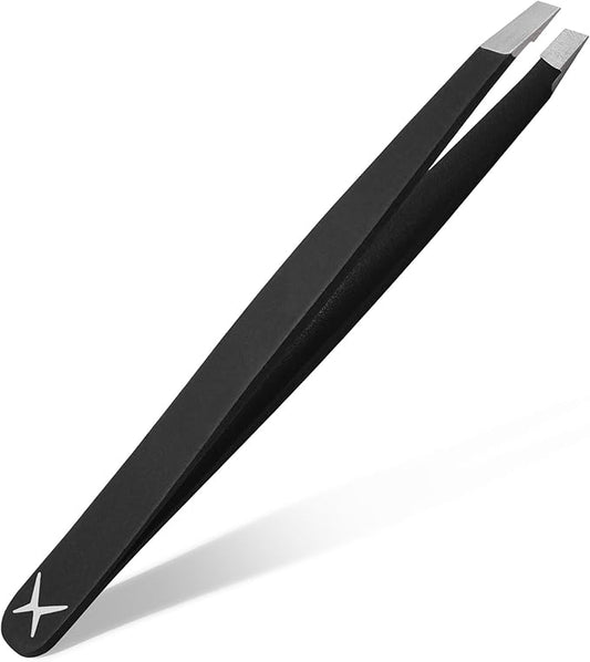 Slanted Stainless Steel Tweezers for Men & Women - Precision Eyebrow Tweezers for Facial Hairs, Strong Grip, Fine Tip, Professional Tweezer for Plucking & Grooming (Matt Black)