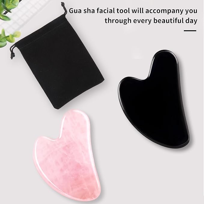 Gua Sha Facial Tools 2 Pack, Natural Jade Guasha Tool for Face,Double Chin & Jawline, Gua Sha Stone Self-Skin Care Face Stone Gua Sha tools for Women Guasha Stone, Black and Pink