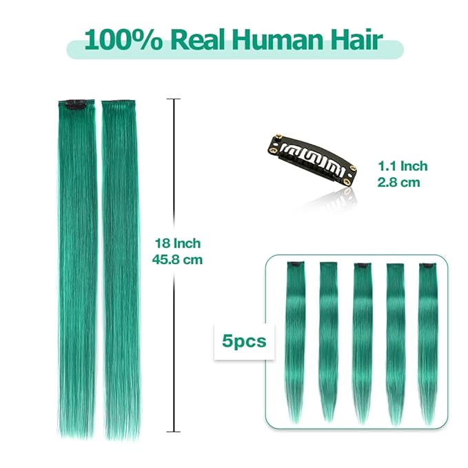 Winsky Teal Hair Extensions Clip in Human Hair - 100% Straight Halloween Party Highlights Clip on Colored Hair Extensions 5 Pieces/Set (18inch,Teal)