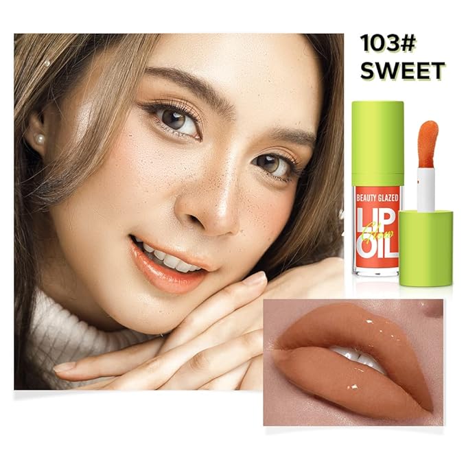 Beauty Glazed Big Brush Head Lip Oil, Ultra-Hydrating & Nourishing, Smooth Glossy Finish Lip Glow Oil, Shiny and Vegan Tinted Lip Gloss, Non-Sticky Formula (103# SWEET)