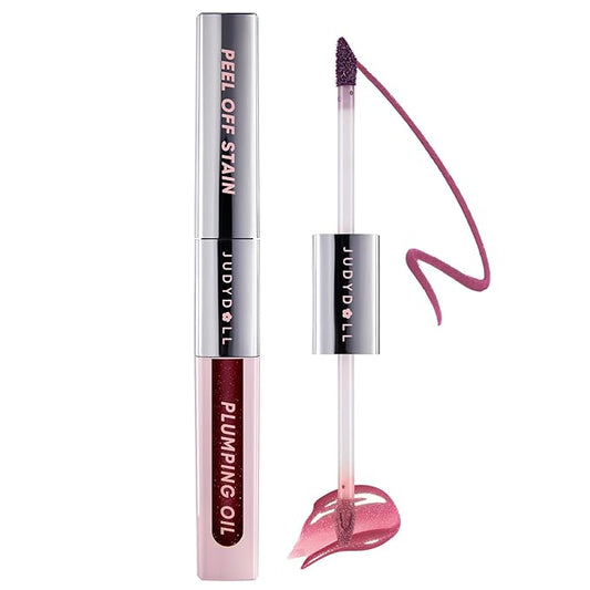 JUDYDOLL Peel Off Stain and Plumping Oil Duo - Long-Lasting Lip Stain with 3D Plumping Gloss, Hydrating and Non-Sticky Formula, Macaron-Inspired Lipstick (#02 Lavender Mist)