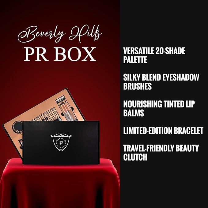 Profusion Cosmetics Beverly Hills PR Box – 20 Shade Beauty Clutch Palette with Mirror, 3 Pc Eyeshadow Brushes & Lip Balm Trio for Luxe, Pigmented Makeup to Enhance Your Beauty Routine