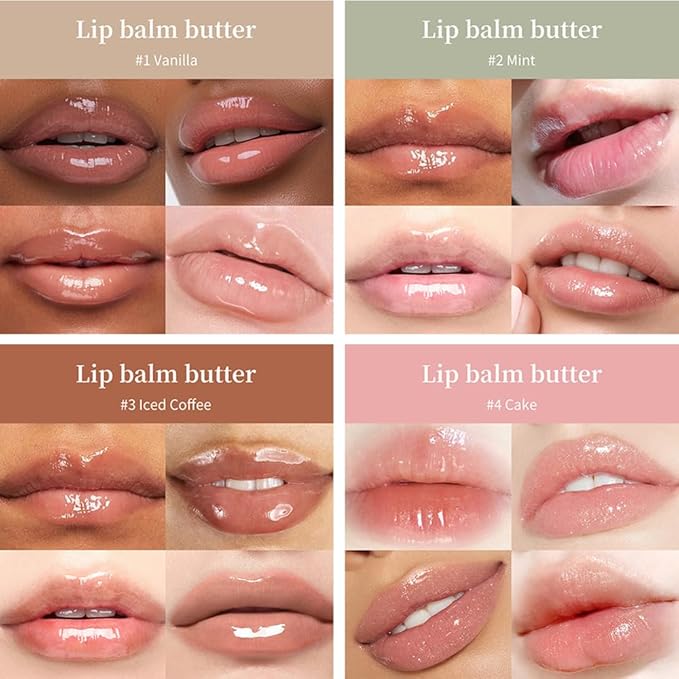 4Pcs Summer Lip Glossy Butter Balm Set, Instant Moisture Sheer Tint, Non-Sticky, Conditioning Formula to Soothe & Repair Dry, Chapped Lips, Jelly Lip Stain with Natural Scent (#1+2+3+4, 4Pcs)