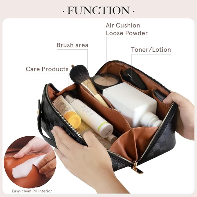 Large Capacity Checkered Makeup Bags Portable Travel Cosmetic Bags Open-Flat Toiletry Waterproof Bag for Women Girls Make up Organizer with Divider and Handle Pouch Zipper Bag (A-Black)