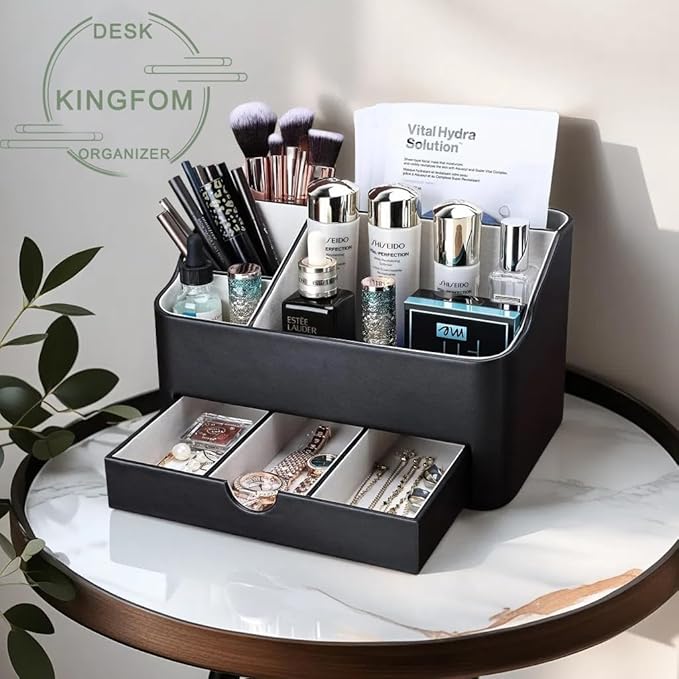 KINGFOM Leather Makeup Organizer with Drawer, Cosmetic Storage for Dresser Countertop and Bathroom Vanity, Beauty Holder for Lipstick Brush Skincare (Black)