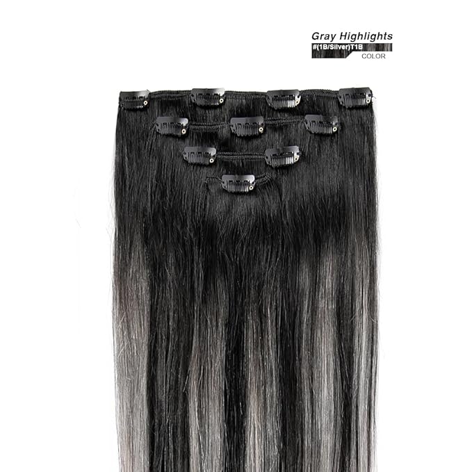 22" Hair Extensions Clip in Human Hair for Women - Silky Straight Remy Real Long Human Hair Clip on 90grams 4pieces #(1BTSilver) P1B Color