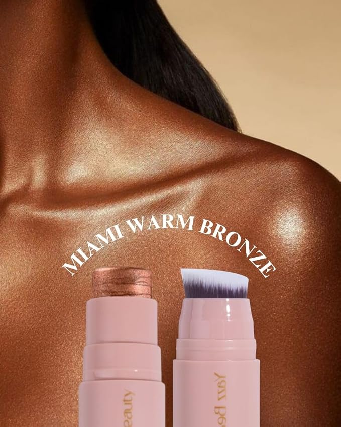 YazzBeauty Makeup Highlighter Stick with Brush – Miami Warm Bronze Shimmer | Brightening & Glowy Finish | Lightweight Formula for Face