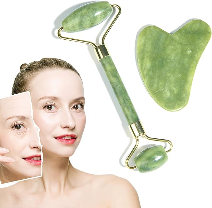 Jade Roller & Gua Sha Set，facial roller，Jade Roller Gua Sha Board Massage Tool Set，Facial Skin Care Roller Massager Muscle Relaxing Wrinkles Relief, Whole Body Relive Devices (green)
