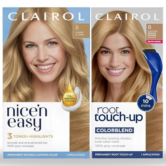 Clairol Nice'n Easy 8 Medium Blonde Permanent Hair Dye & Root Touch-Up Multi-Pack Bundle
