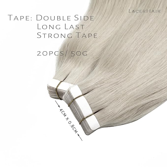 Lacer Tape in Hair Extensions - Human Hair, 12 Inch, Natural Grey Silver, Seamless, Silky Straight, 30g