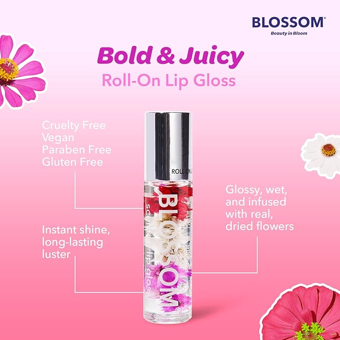 Blossom Scented Roll on Lip Gloss, Infused with Real Flowers, Made in USA, 0.4 fl. oz./11.8ml, 2 pack Gift Set, Strawberry/Raspberry