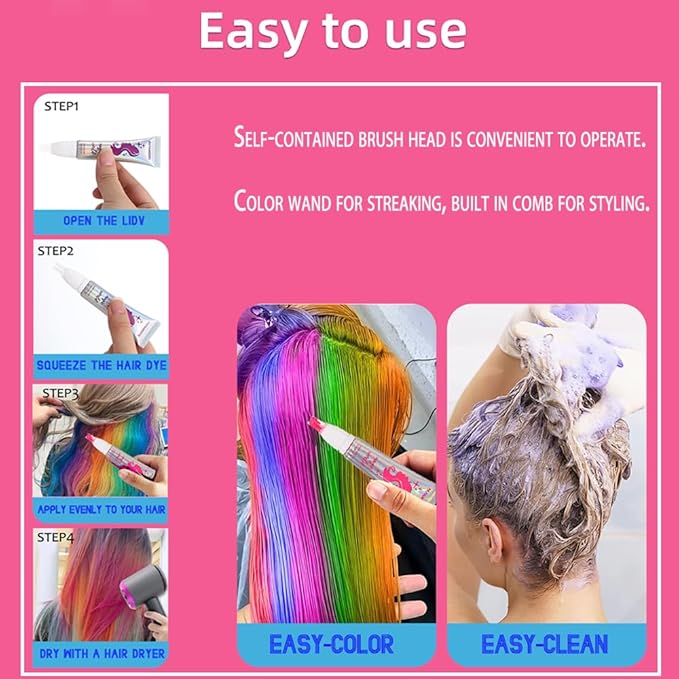 3 Colors Magical Vibrant Temporary Hair Dye, Glow in the Dark UV Neon Hair Gel Set, Light Washable Hair Color Comb Hair Makeup for Concert, Party, Halloween, Christmas (Blue+Pink+Purple, 3 PCS)