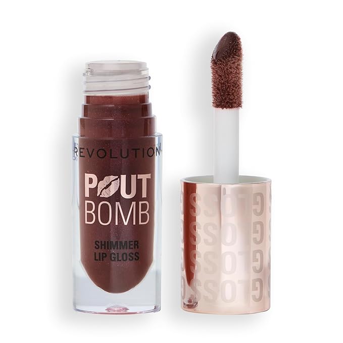 Revolution Beauty London, Pout Bomb Shimmer Gloss, High-Shine Lip Gloss & Shimmer for Glossy Lips with Hyaluronic Acid & Sweet Vanilla Scent, Chocolate Sparkle, 0.15 oz