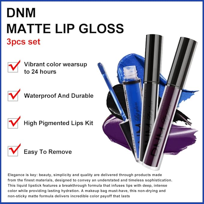 AMY'S DIARY 3Pcs Matte Liquid Lipstick Sets, Blue Dark Black Purple Matte Lipstick Lip Stain Long Lasting 24 Waterproof Lip Gloss Gift Set for Women Lippies (07)