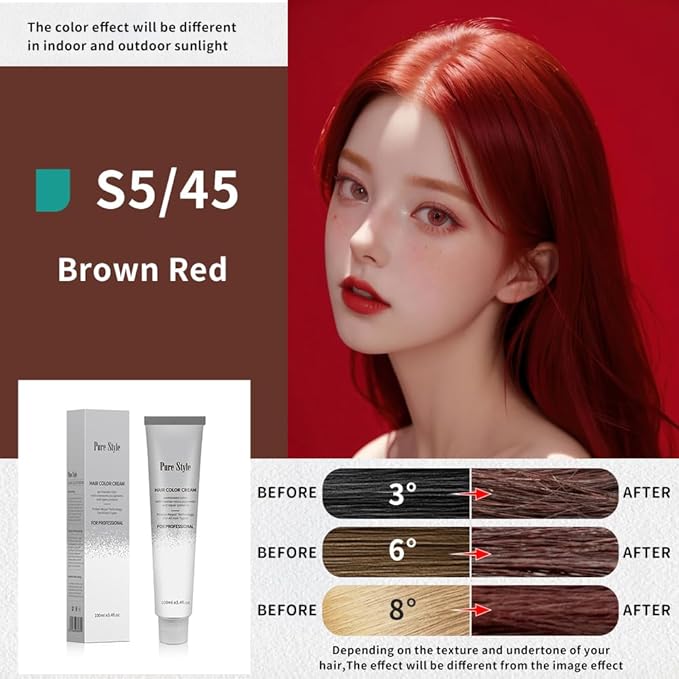 PureStyle 100g Professional Permanent Hair Color Dye Cream Ammonia Free, Long Lasting Brown Red Color, Natural Shine, For All Hair Types Easy At Home Application (S5/45 Brown Red)