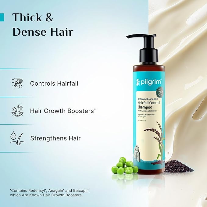 Pilgrim Redensyl & Anagain Hairfall Control Shampoo with Korean Black Rice 6.76 Fl Oz (200ml) | Anti Hairfall shampoo for Men & Women | Reduces Hairfall | Enhance Hair Thickness | For All Hair Types