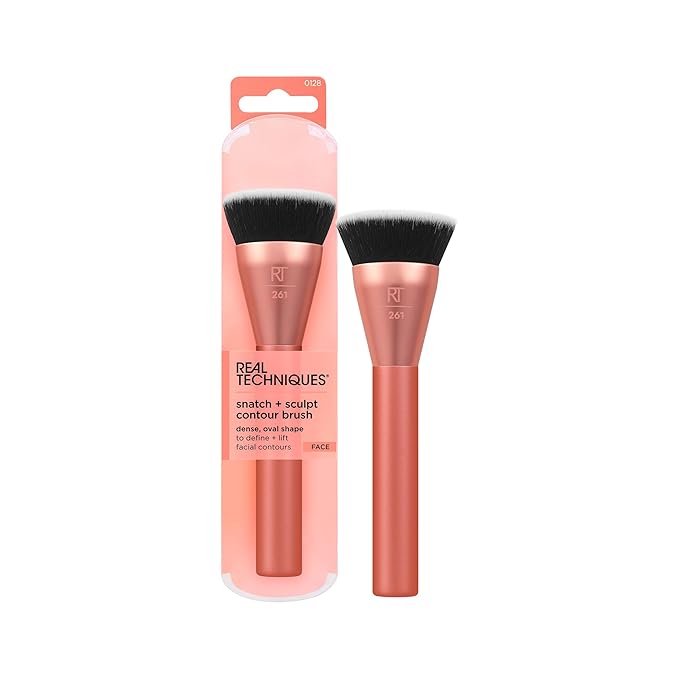 Real Techniques Snatch + Sculpt Contour Makeup Brush, For Liquid & Cream Contour & Bronzer, Flat Top & Oval Head For Blending & Buffing, Dense, Synthetic Bristles, Vegan & Cruelty Free, 1 Count