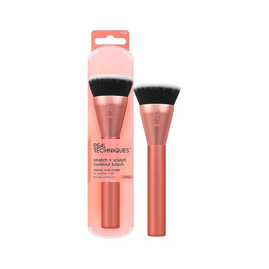 Real Techniques Snatch + Sculpt Contour Makeup Brush, For Liquid & Cream Contour & Bronzer, Flat Top & Oval Head For Blending & Buffing, Dense, Synthetic Bristles, Vegan & Cruelty Free, 1 Count