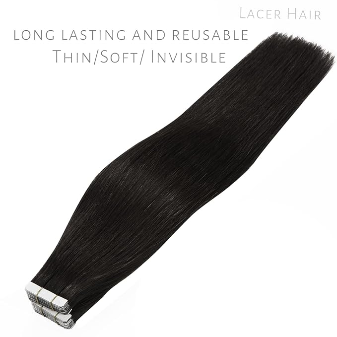 Lacerhair 14 Inch Remy Tape in Human Hair Extensions - Reddish Black PU Skin Weft Tape in Hair Extensions 100% Real Human Hair, Natural Black Double Side Weft 50g 20pcs/set