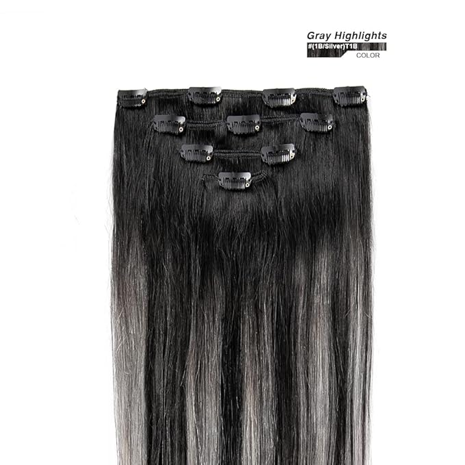 14" Clip in Hair Extensions Remy Human Hair Black Balayage Silver for Women - Silky Straight 100% Real Human Hair 50grams 4pieces #1BT(SilverP1B) Color