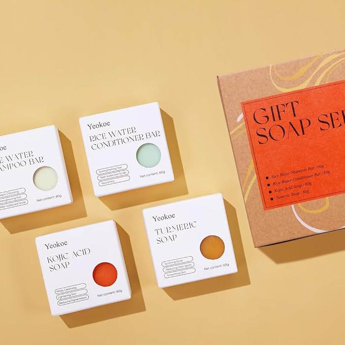 Turmeric Soap Bar and Rice Water Shampoo Conditioner Bar Set,Kojic acid for Body,Face and Hair,Deep Cleansing,Travel Toiletries,Spa Gifts For Women