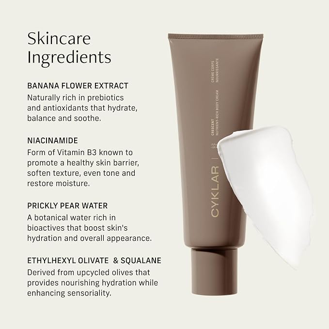 CYKLAR Nutrient Rich Body Cream. Crescent Fragrance Nourishing Moisturizer with Niacinamide and Banana Flower Extract. Deep Hydration, Thick Body Lotion, Dry Skin Cream for Women and Men, 8 Fl Oz