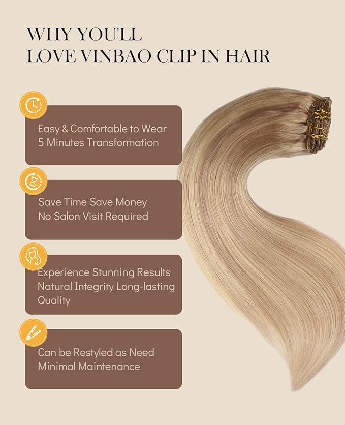 VINBAO 20In Clip In hair Extensions Ash Blonde with Bleach Blonde Silky Long Straight Human Hair 100% Remy Human Hair Salon Quality For Women 120g 6PCS(#18P613, 20)