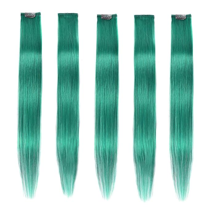 Winsky Teal Hair Extensions Clip in Human Hair - 100% Straight Halloween Party Highlights Clip on Colored Hair Extensions 5 Pieces/Set (18inch,Teal)