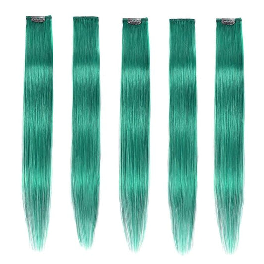 Winsky Teal Hair Extensions Clip in Human Hair - 100% Straight Halloween Party Highlights Clip on Colored Hair Extensions 5 Pieces/Set (18inch,Teal)