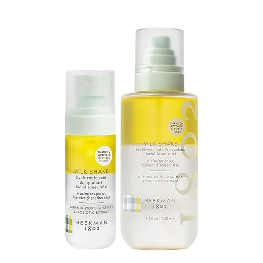 Beekman 1802 Milk Shake Facial Toner - Pack of 2 - Includes 2 oz + 8 oz Bottles - Fragrance Free - Relieves Redness - Non-Comedogenic, Alcohol Free - Good for Sensitive Skin - Cruelty Free