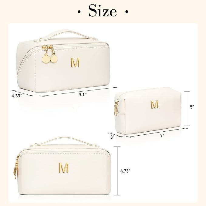 Birthday Gifts for Women Teen Girl, Personalized Initial Makeup Organizer Bag Set, Open Flat Travel Cosmetic Bag With Clear Divider and Handle(Beige,M)