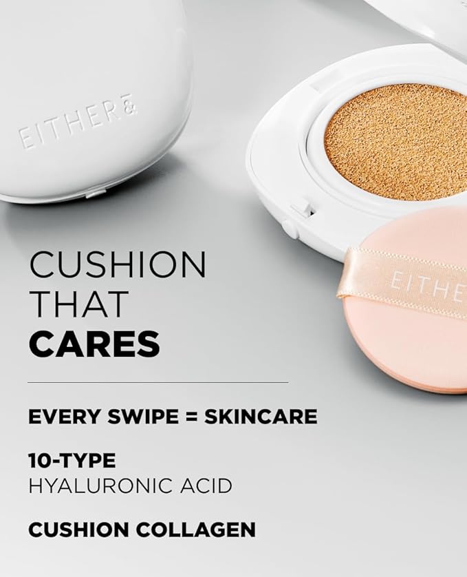 EITHER& Glow Pixel Cushion Foundation, Skincare Formula, Dewy Glass Skin, Lightweight & Long-Lasting 100H Wear, Buildable Hydrating Korean Cushion (25.5 Tan, 12g)
