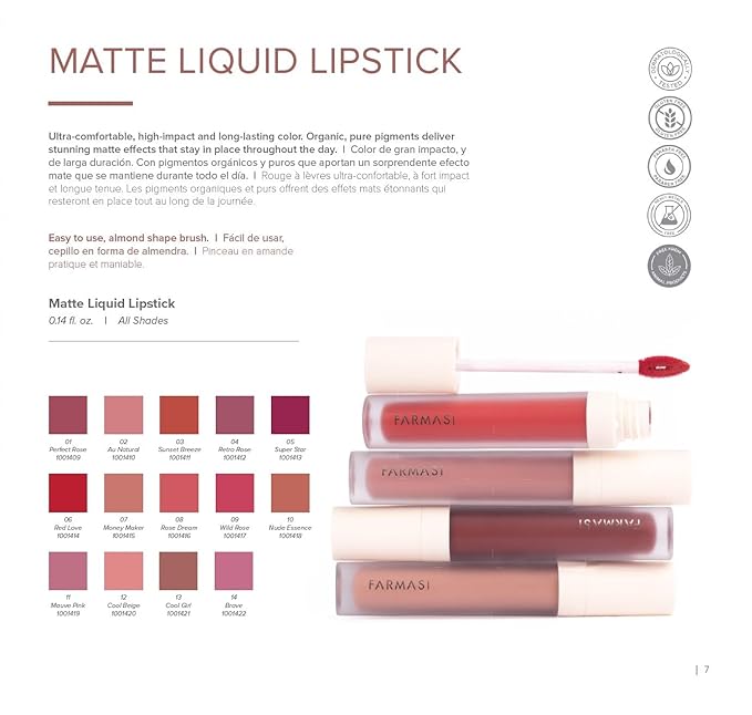 FARMASi Make Up Matte Liquid Lipstick, Long-Lasting and Ultra-comfortable, High-Impact, Lightweight, Organic, Pure Pigments 0.14 fl.oz (Nude Essence)