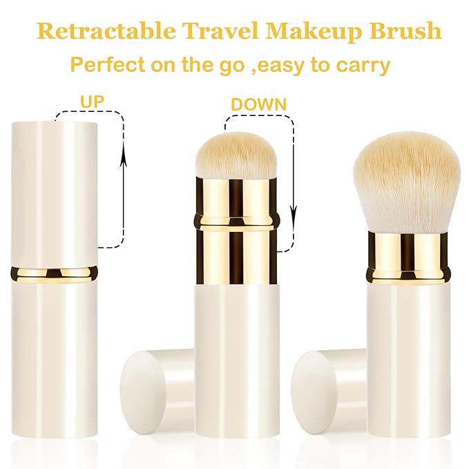 Makeup Brush, Retractable 2 Pack Travel Kabuki Powder Makeup Brush, Foundation Face Blush Brushes for Blending Liquid, Blush, Bronzer, Buffing, Sunscreen,Flawless Cosmetics