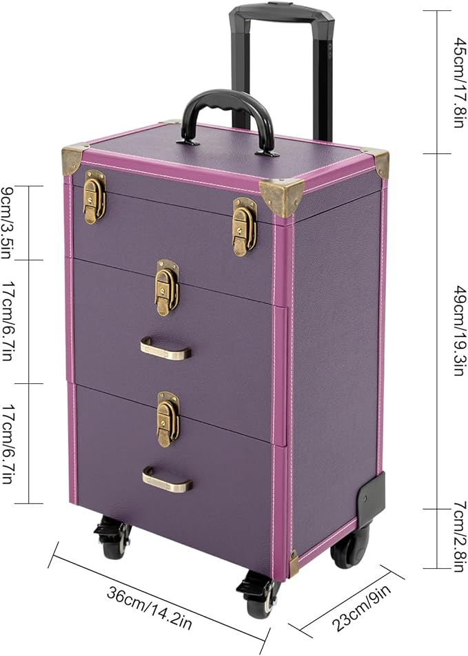 Makeup Train Case, Rolling Makeup Trolley Case, 3 Tiers Lockable Nail Polish Organizer with 2 Keys 4 Wheels (2 with Brakes) for Travel Makeup Artists Nail Technicians (Purple Case, Tan Lock)