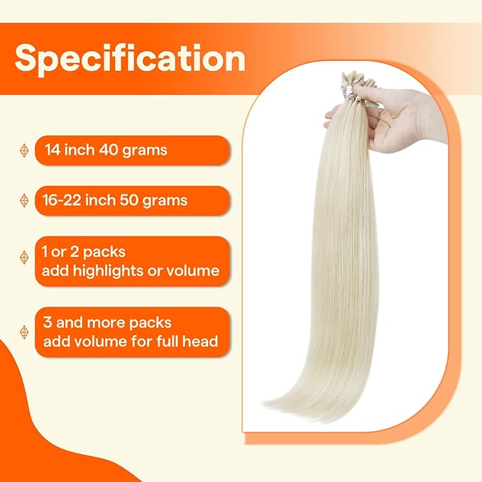 Full Shine U Tip Hair Extensions Human Hair 1000 White Blonde 16 Inch 50 Grams Utip Human Hair Extensions for Women Prebonded Fusion Extensions Remy Hair