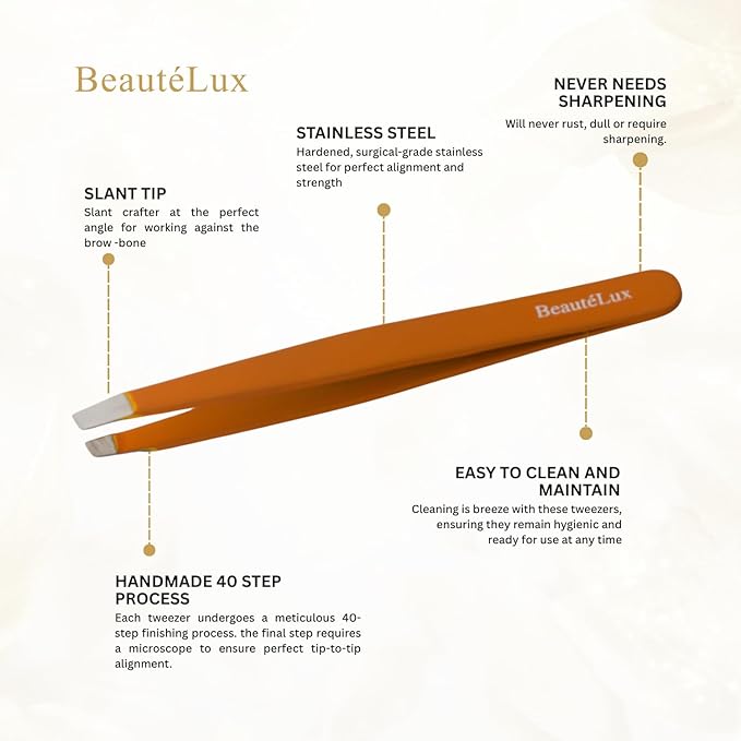 Slant Tip Eyebrow Tweezer for women & men – Stainless Steel Tweezers, Stocking Stuffer for women & men Facial Hair Removal tweezers for Chin hair, Ingrown Hair tweezer, Gold Travel tweezers with case