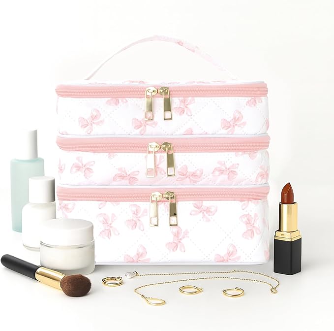Travel Makeup Bag for Women Three Layer Large Cosmetic Case Water-resistant Toiletry Bag Organizer for Store Toiletries Cosmetic Accessories and Manicure Sets Pink Butterfly