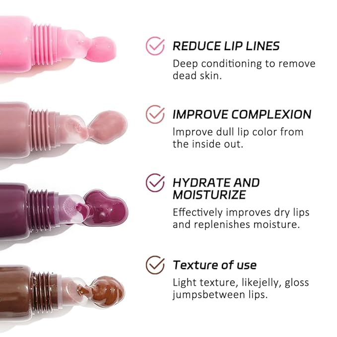 4Pcs Tinted Lip Balm Serum Makeup, Squeeze Hydrating Tint Lips Balms Serum Cosmetic, Women Care Glossy Nourishing Plumping Lip Stain Gloss Lipstick Suitable for dry lips, Set02(#3+#5+#6+#7)