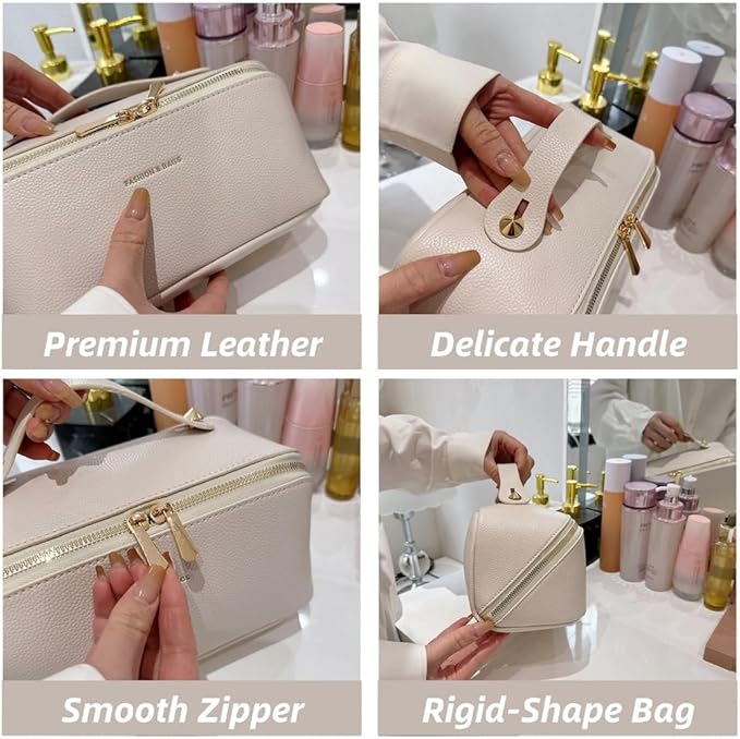 Large Capacity Checkered Makeup Bags Portable Travel Cosmetic Bags Open-Flat Toiletry Bag for Women Girls Make Up Organizer with Divider Pouch Zipper Bag (C-Khaki)