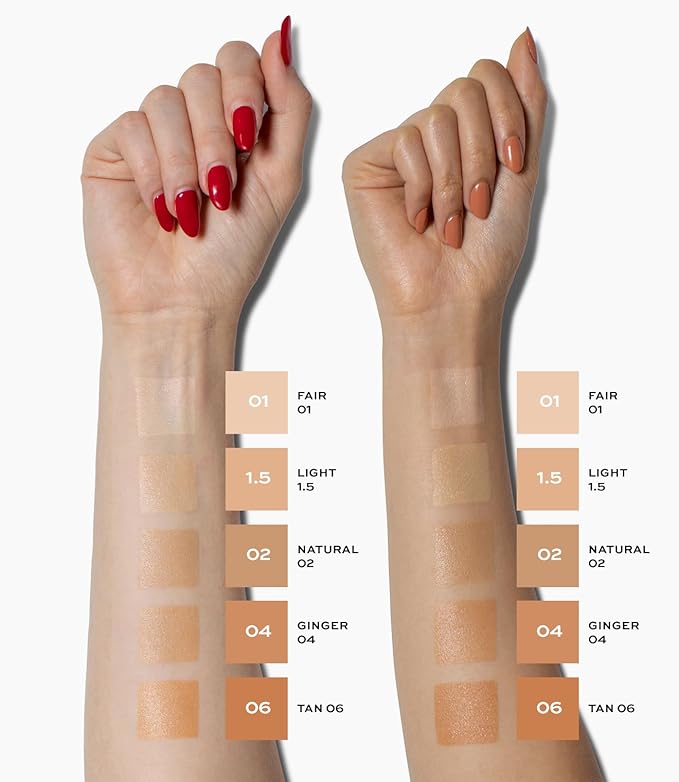 MAKE Beauty Diffusion Dew Skin Tint. Sheer to Medium Coverage Radiant Finish. Blurring, Smoothing, and Brightening for Glowing Complexion. Enhanced with Niacinamide and Adenosine. Hazelnut 16