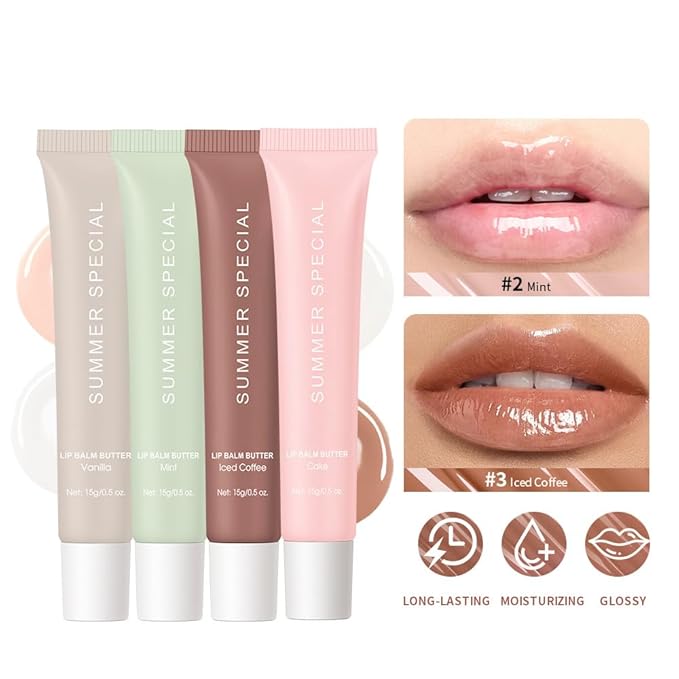 Summer Lip Glossy Butter Balm, Instant Moisture Sheer Tint, Non-Sticky, Conditioning Formula to Soothe & Repair Dry, Chapped Lips, Jelly Lip Stain with Natural Scent (#3Iced Coffee, 1Pc)