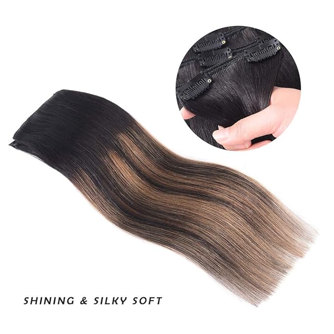 16" Hair Extensions Balayage Clip in Human Hair for Women - Silky Straight Natural Black to Chestnut Brown Highlight Black Ombre Hair 55grams 4pieces #(1BT6) P1B Color