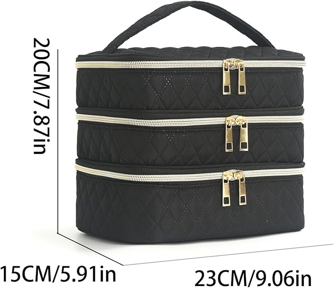 Travel Makeup Bag for Women Three Layer Large Cosmetic Case Water-resistant Toiletry Bag Organizer for Store Toiletries Cosmetic Accessories and Manicure Sets Black