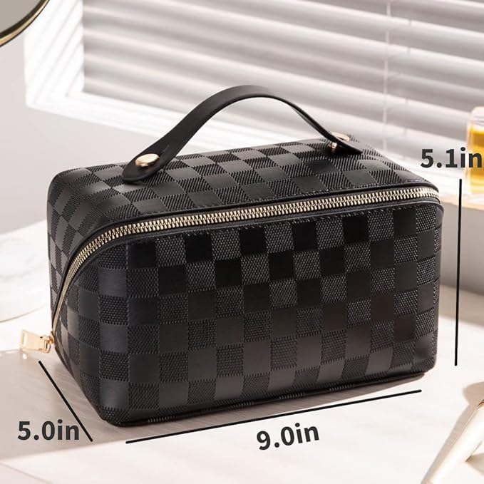 Large Capacity Checkered Makeup Bag Portable Travel Cosmetic Bags Open-Flat Toiletry Bag for Women Girls Make Up Organizer with Divider Pouch Zipper Bag (black-checkered)