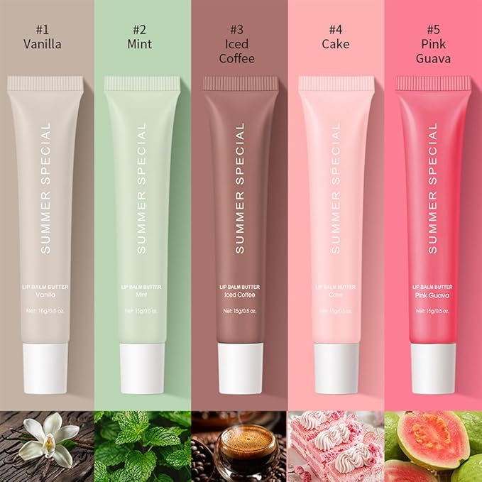 5Pcs Summer Lip Glossy Butter Balm Set, Instant Moisture Sheer Tint, Non-Sticky, Conditioning Formula to Soothe & Repair Dry, Chapped Lips, Jelly Lip Stain with Natural Scent (#1+2+3+4+5, 5Pcs)