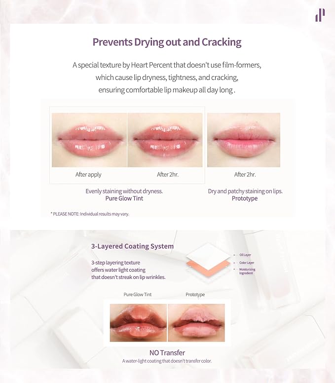Heart Percent Dote On Mood Pure Glow Tint, Watery & Lightweight Moisturizing Lip Stain Long Lasting Liquid Lipstick 6.8g, #07. Fig Rose