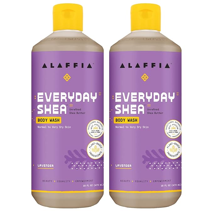 Alaffia Everyday Shea Body Wash, Naturally Helps Moisturize and Cleanse Without Stripping Natural Oils with Fair Trade Shea Butter, Neem, and Coconut Oil, Lavender, 2 Pack - 16 Fl Oz Ea