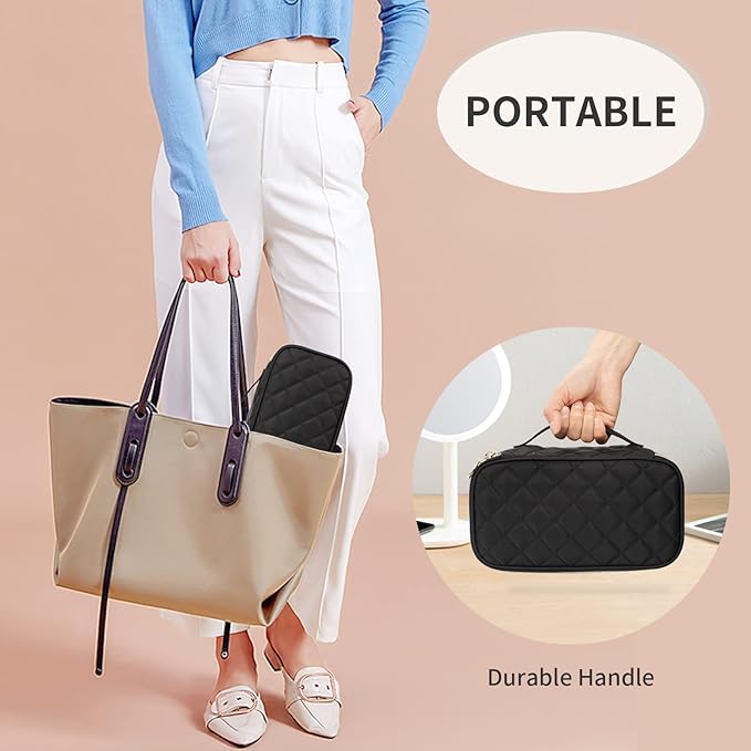 OCHEAL Makeup Bag with Brush Compartment - Small Travel Cosmetic Organizer for Women, Portable Makeup Brush Pouch with Dividers, Cute Toiletry Bag for Girls -Black